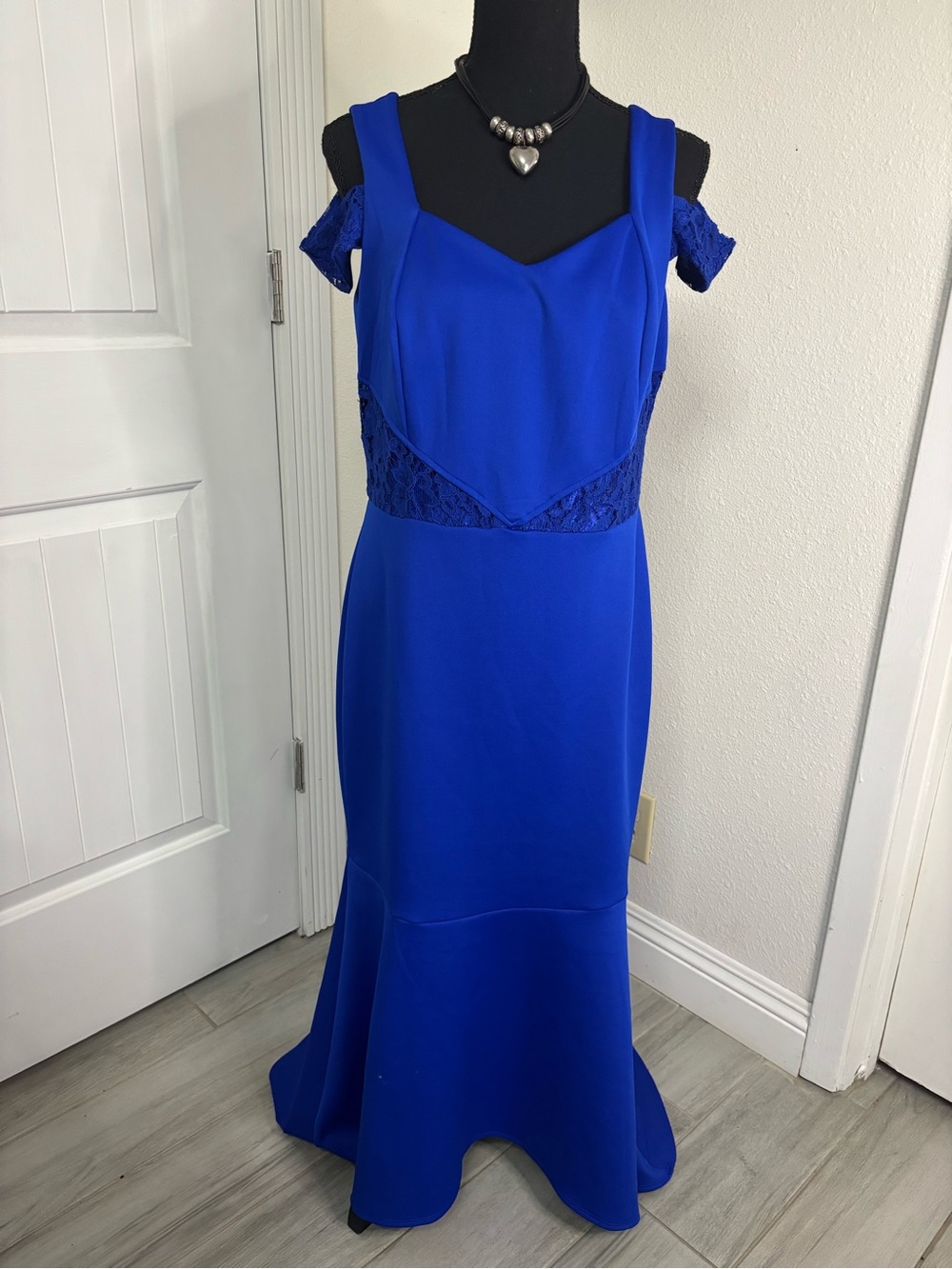 Royal Blue Lace-Trim Maxi Evening Dress